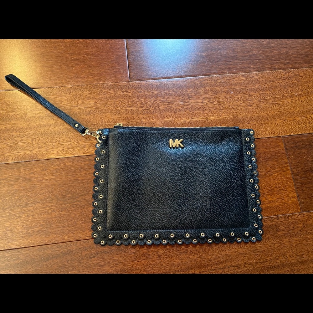 Michael Kors Scalloped Black Leather Wristlet